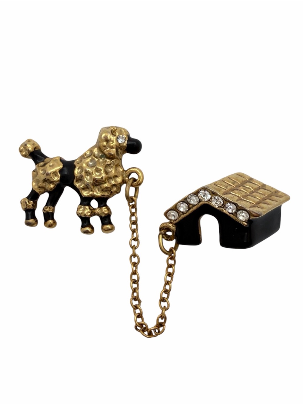 Vintage Poodle Doghouse Double Lapel Pin Chain Rhinestone Gold Tone